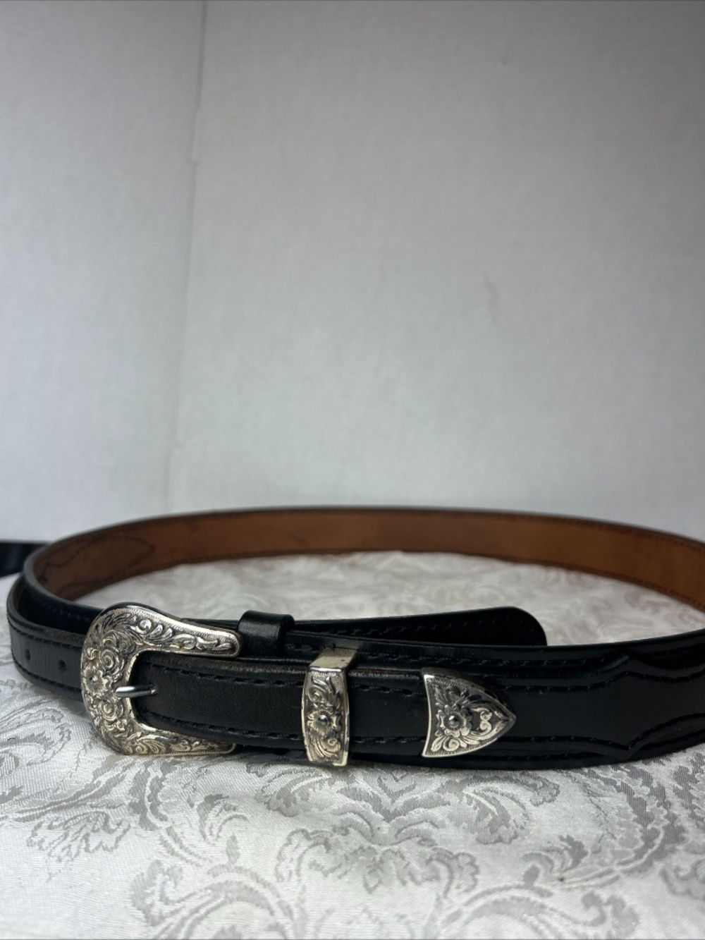 Handmade Men's Leather Black Belt Cowboy Silver 3pc Buckle 41" Western Rugged